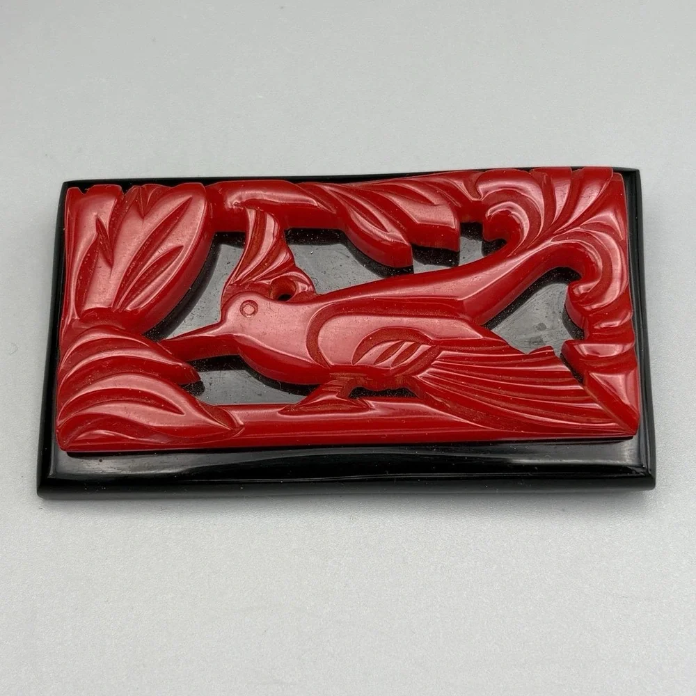 Vintage Carved Red Bakelite Brooch Bird Red Black Laminated Chunky Gorgeous!